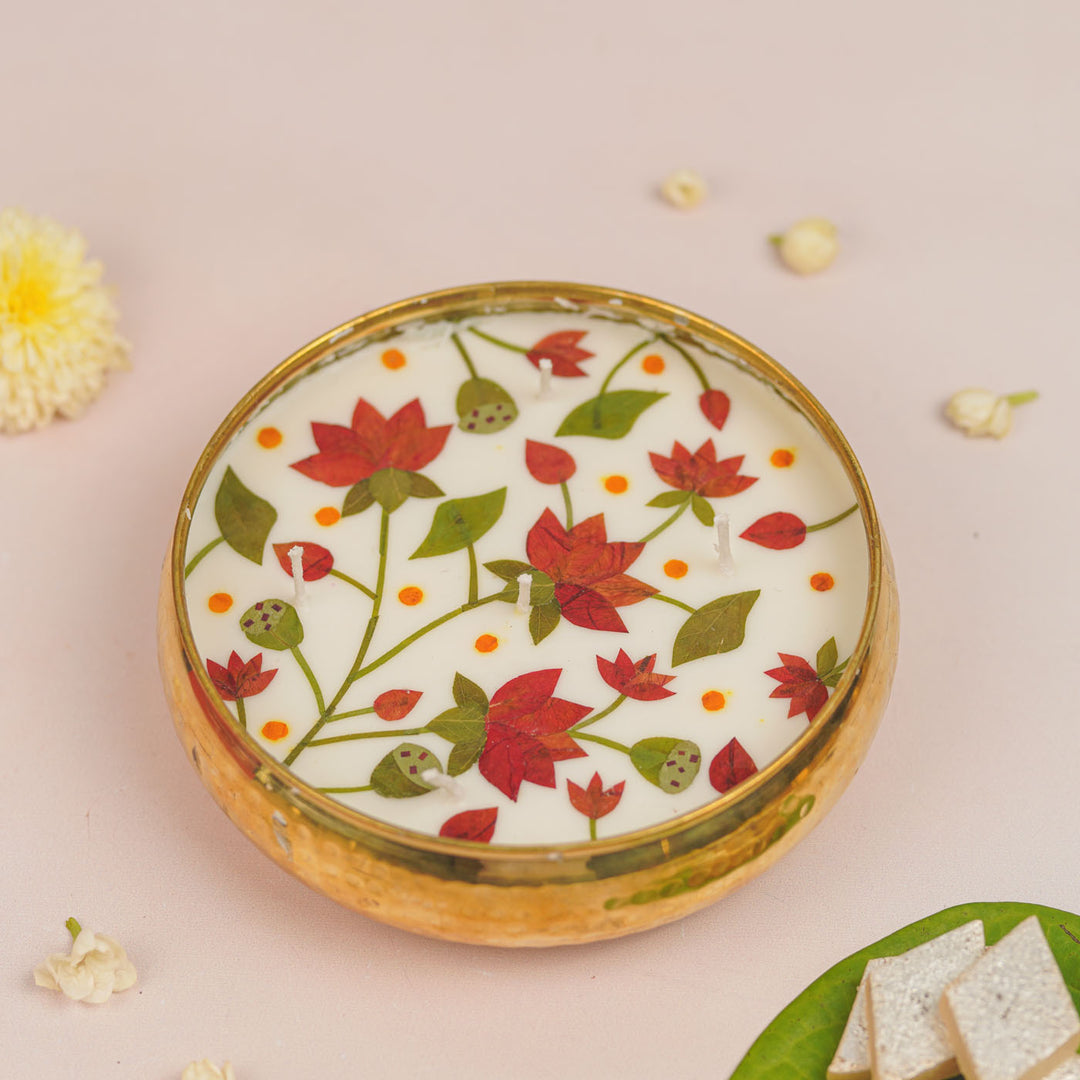 6 Inch | Handmade Pressed Flower Decorative Lotus Theme Brass Urli Diya | Packed in a Gift Box