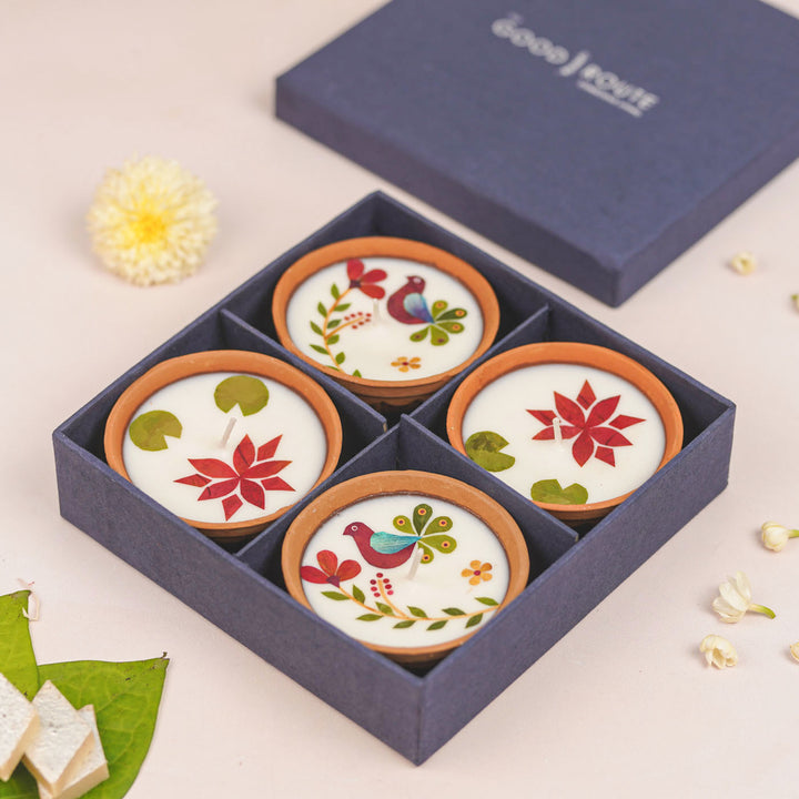 4 Inch | Handmade Decorative Katori Lotus & Peacock Terracotta Diya Gift Box | Set Of 4