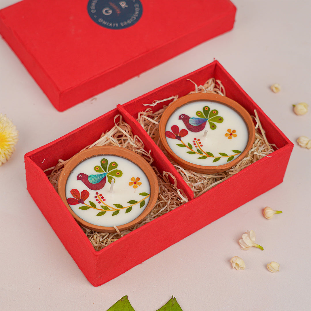 4 Inch | Handmade Pressed Flower Katori Terracotta Diya Gift Box | Set Of 2