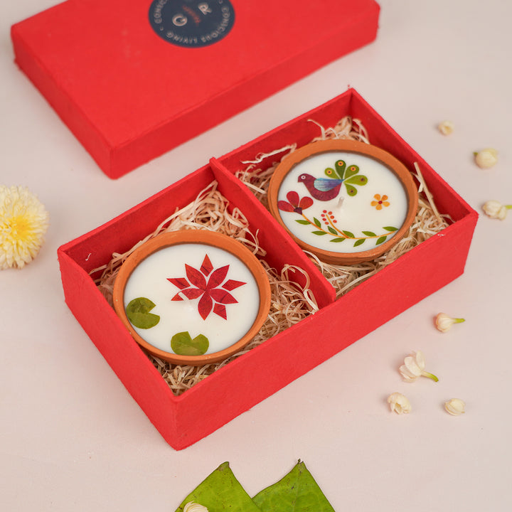 4 Inch | Handmade Pressed Flower Katori Terracotta Diya Gift Box | Set Of 2
