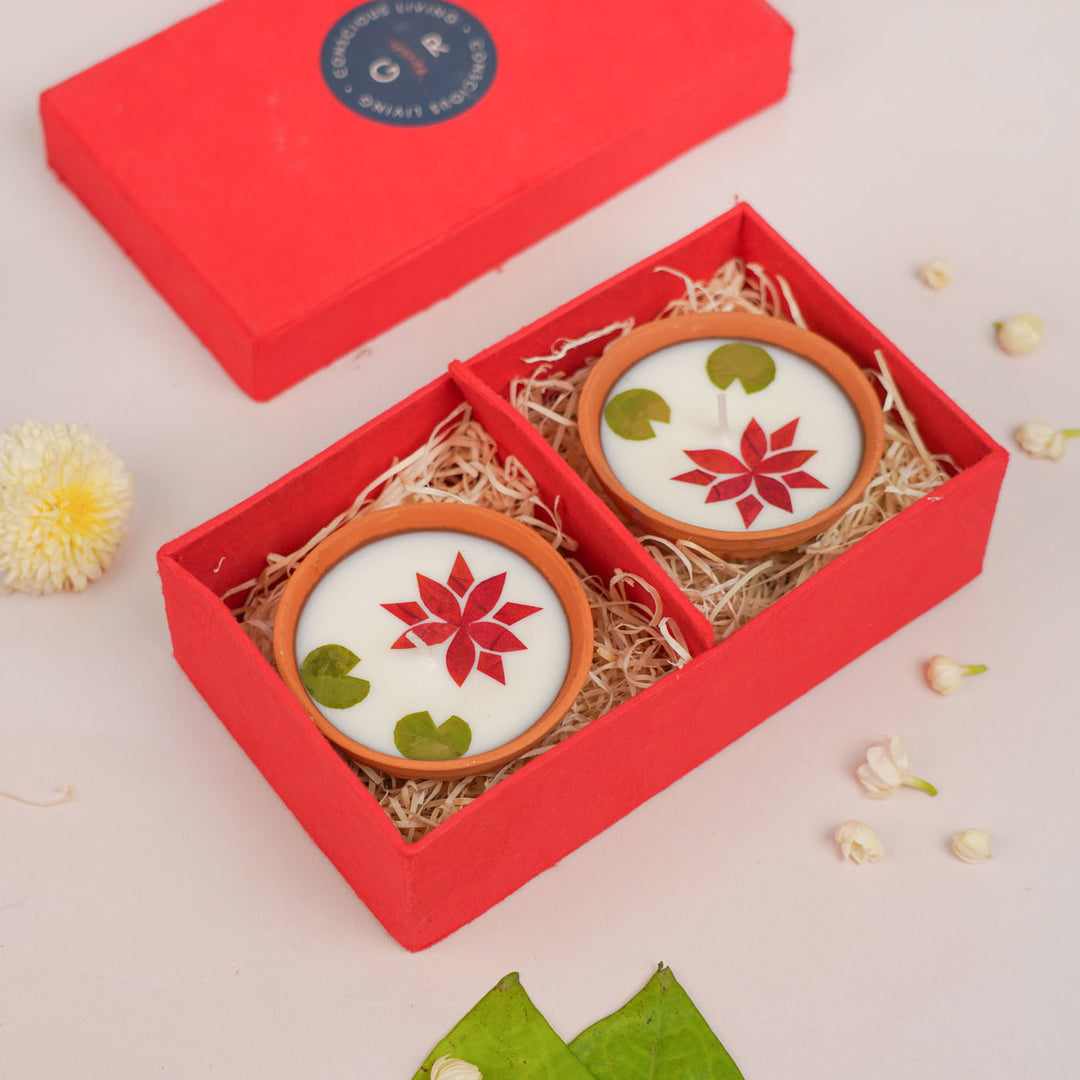 4 Inch | Handmade Pressed Flower Katori Terracotta Diya Gift Box | Set Of 2