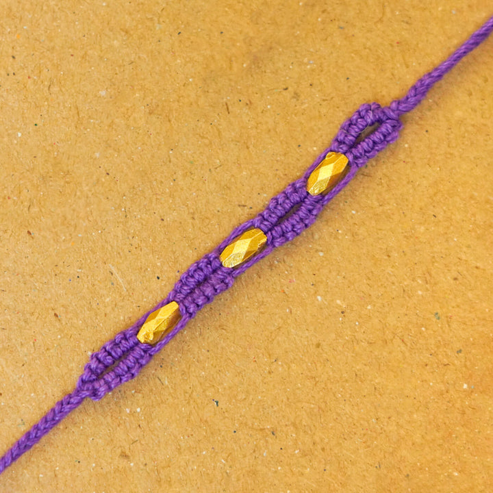Handmade Macrame Three Gold Beaded Rakhi With Roli Chawal - Close-up Detail (18)