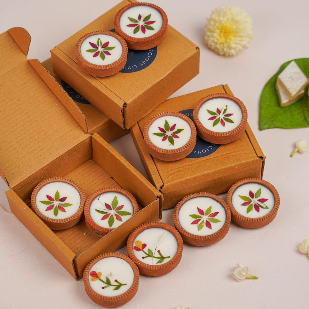 10 Diyas | Mini Handmade Pressed Flower Decorative Terracotta Diya | 5 Boxes, 2 Diyas per Box