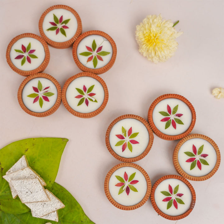 10 Diyas | Mini Handmade Pressed Flower Decorative Terracotta Diya | 5 Boxes, 2 Diyas per Box