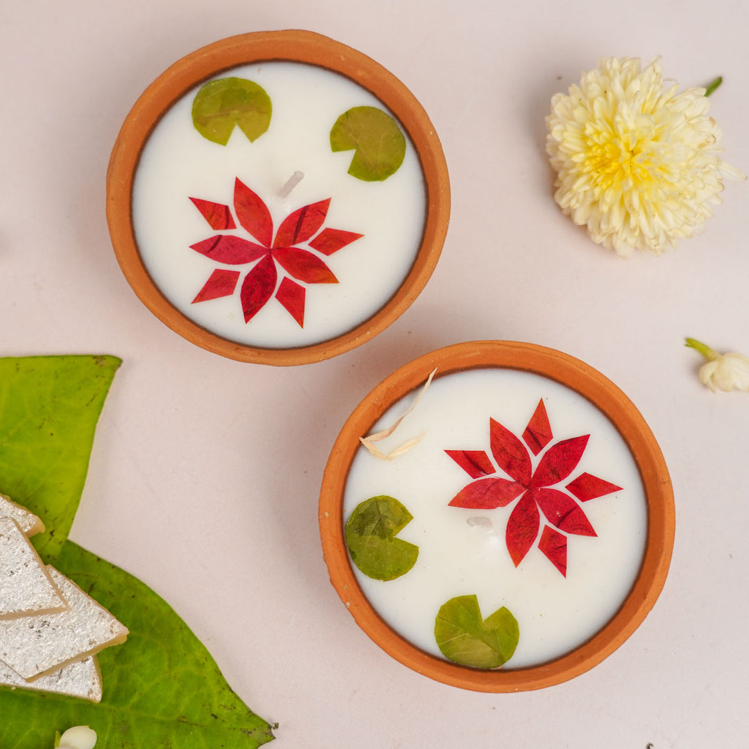 4 Inch | Handmade Pressed Flower Katori Terracotta Diya Gift Box | Set Of 2