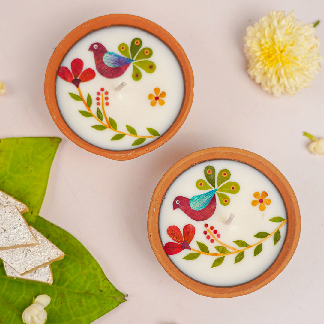 4 Inch | Handmade Pressed Flower Katori Terracotta Diya Gift Box | Set Of 2
