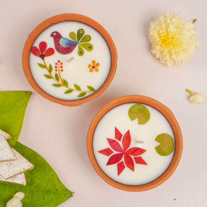 4 Inch | Handmade Pressed Flower Katori Terracotta Diya Gift Box | Set Of 2