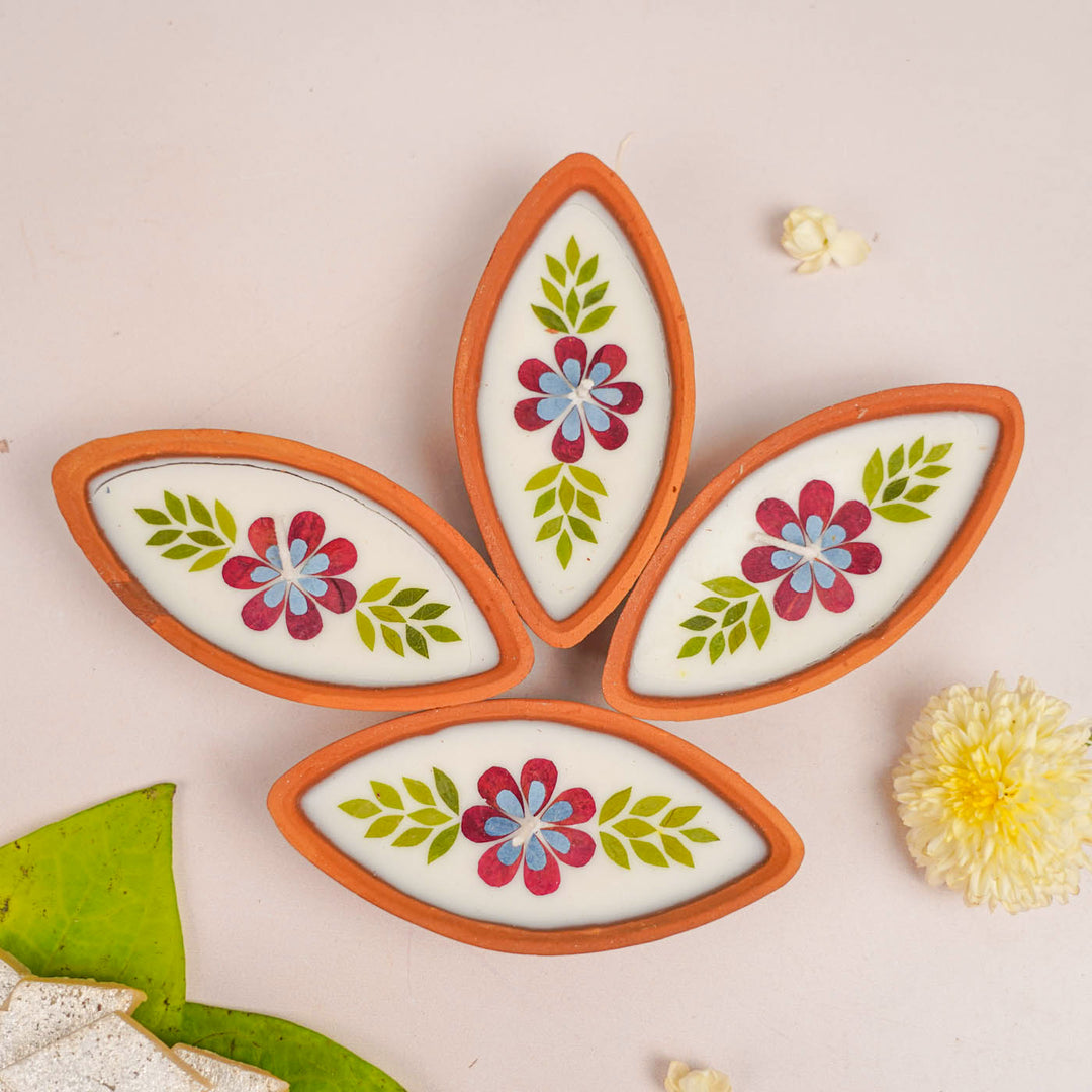 Handmade Pressed Flower Boat Shaped Terracotta Diyas