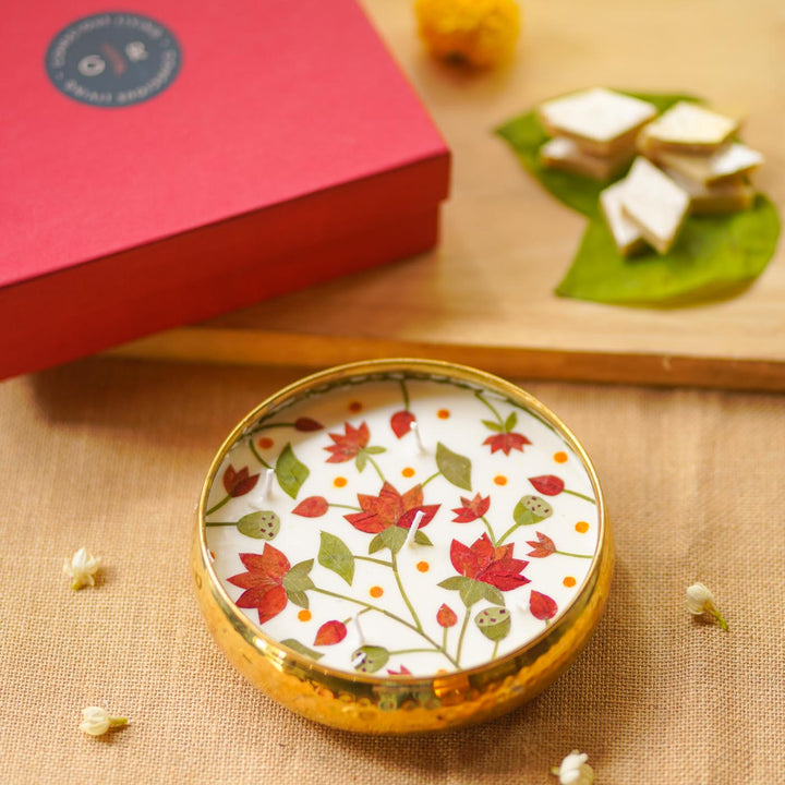 6 Inch | Handmade Pressed Flower Decorative Lotus Theme Brass Urli Diya | Packed in a Gift Box