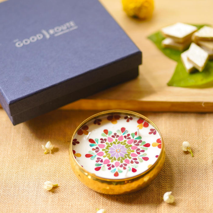 5 Inch | Handmade Pressed Flower Decorative Brass Urli Diya | Packed in a Gift Box