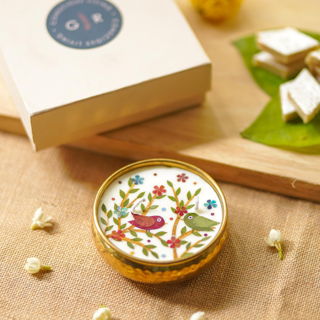 4 Inch | Handmade Pressed Flower Birds Theme Brass Urli Diya | Packed in a Gift Box