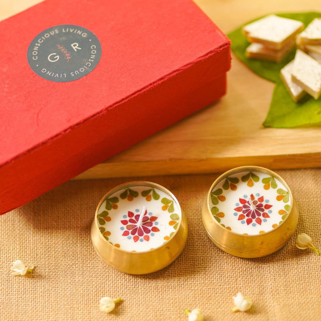 3 Inch | Handmade Pressed Flower Brass Diya Gift Box | Set Of 2