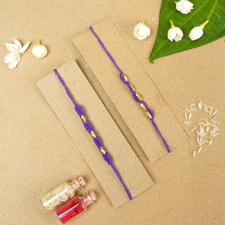 Handmade Macrame Beaded Rakhi With Roli Chawal Set Of 2 - Blue pair on card with decor (14)