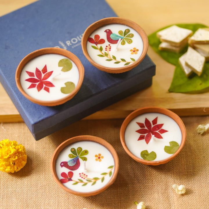 4 Inch | Handmade Decorative Katori Lotus & Peacock Terracotta Diya Gift Box | Set Of 4