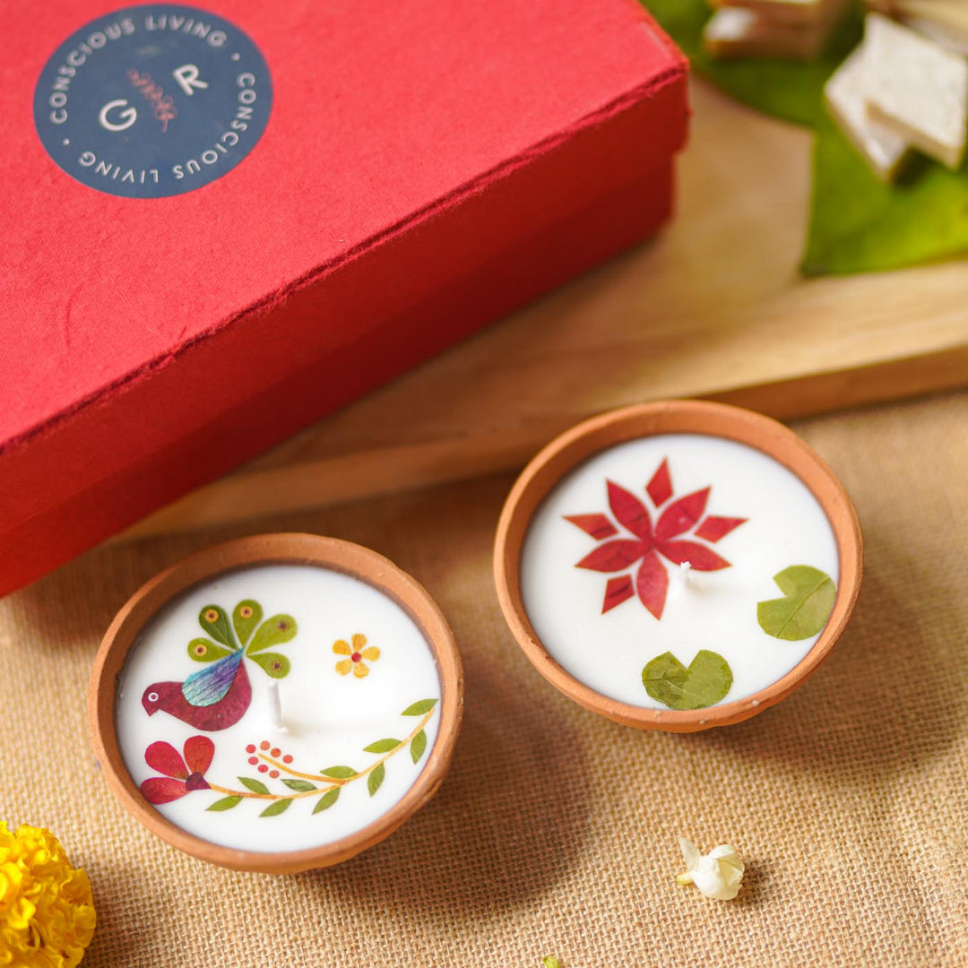 4 Inch | Handmade Pressed Flower Katori Terracotta Diya Gift Box | Set Of 2