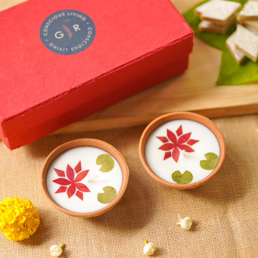 4 Inch | Handmade Pressed Flower Katori Terracotta Diya Gift Box | Set Of 2
