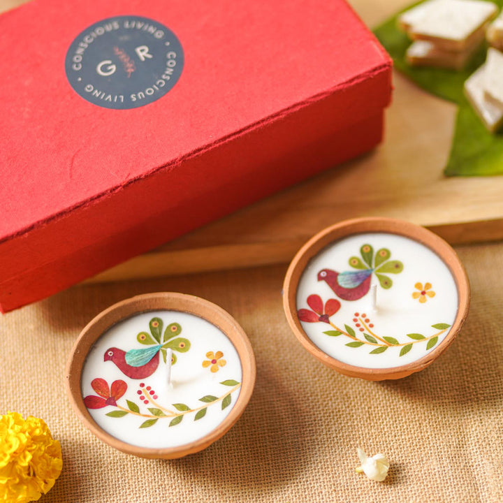 4 Inch | Handmade Pressed Flower Katori Terracotta Diya Gift Box | Set Of 2