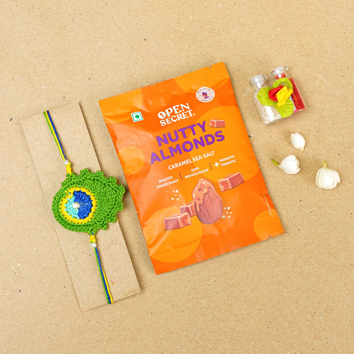 Handmade Crochet Peacock Feather Cotton Rakhi With Roli Chawal - Rakhi with Gift Packaging and Accessories