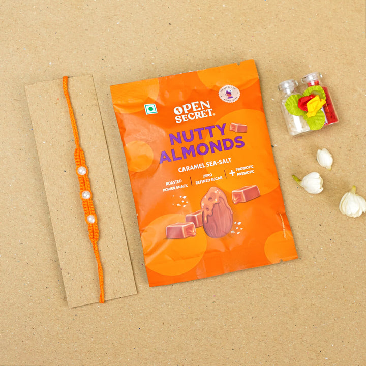 Handmade Macrame Three Pearl Rakhi With Roli Chawal - Flat Lay with Gift Packaging (12)