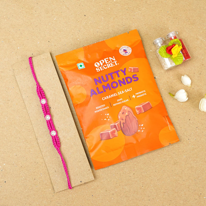 Handmade Macrame Three Pearl Rakhi With Roli Chawal - Flat Lay with Gift Packaging (15)