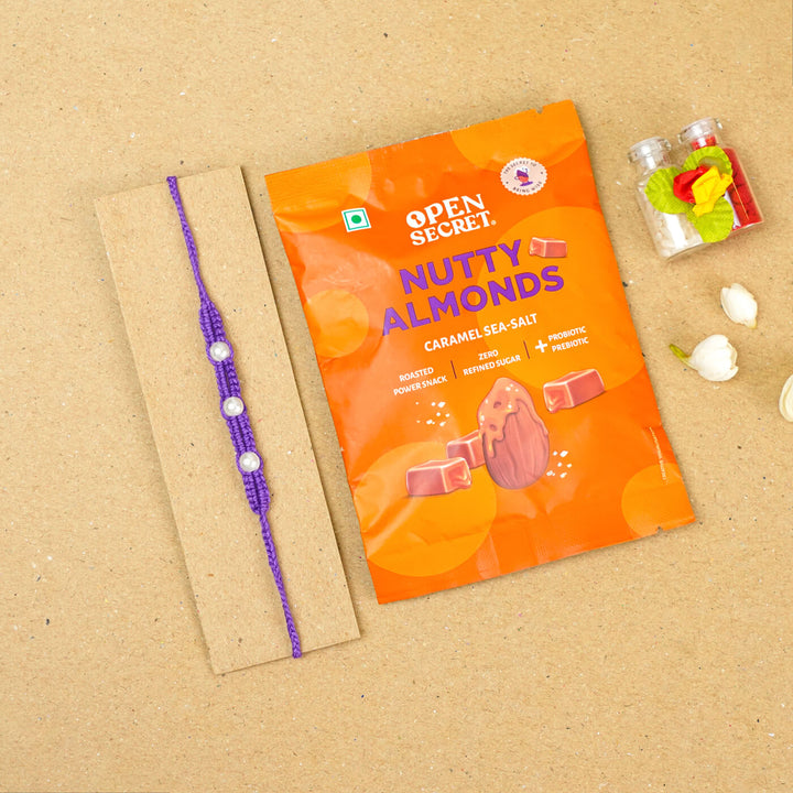 Handmade Macrame Three Pearl Rakhi With Roli Chawal - Flat Lay with Gift Packaging (19)