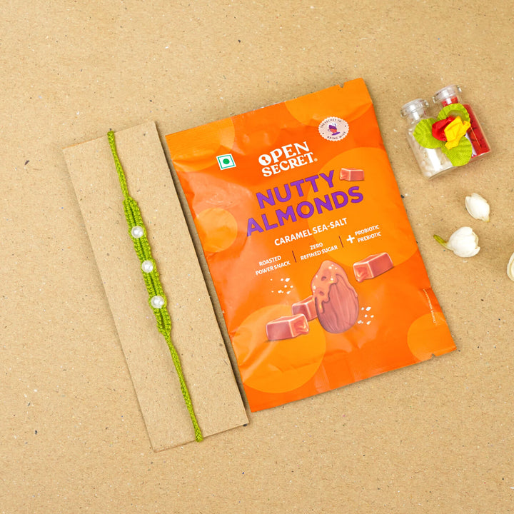 Handmade Macrame Three Pearl Rakhi With Roli Chawal - Flat Lay with Gift Packaging (7)