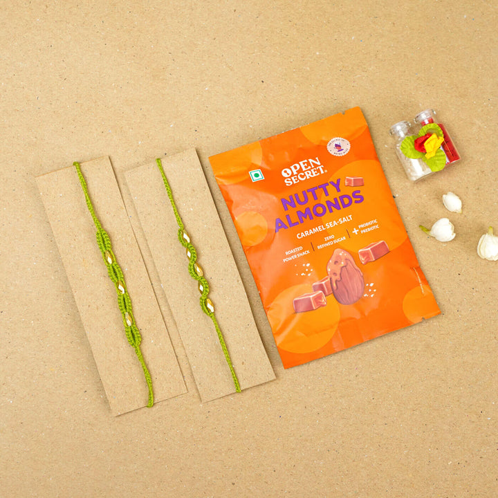 Handmade Macrame Beaded Rakhi With Roli Chawal Set Of 2 - Green pair with packaging