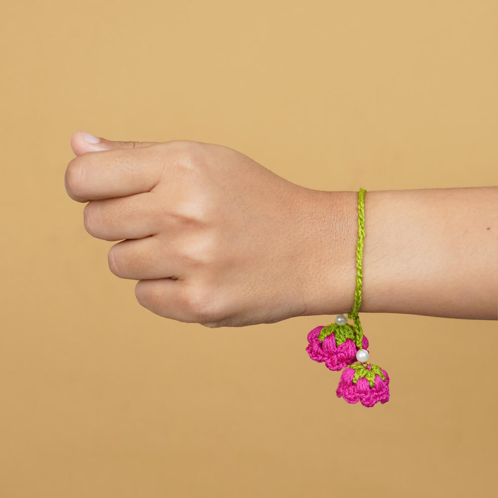 Handmade Crochet Floral Cotton Lumba Rakhi For Bhabhi With Roli Chawal - Worn on Wrist