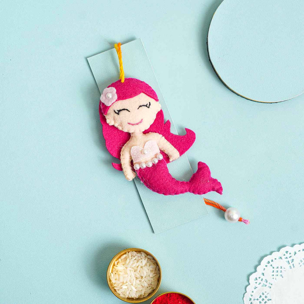 Personalized Handmade Mermaid Felt Rakhi With Roli Chawal - Hanging Decor Display