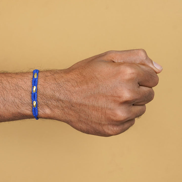 Handmade Macrame Three Gold Beaded Rakhi With Roli Chawal - Worn on Wrist