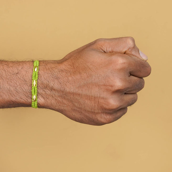 Handmade Macrame Three Gold Beaded Rakhi With Roli Chawal - Worn on Wrist (6)