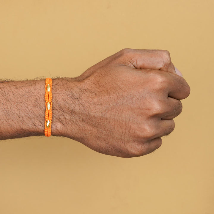 Handmade Macrame Three Gold Beaded Rakhi With Roli Chawal - Worn on Wrist (13)