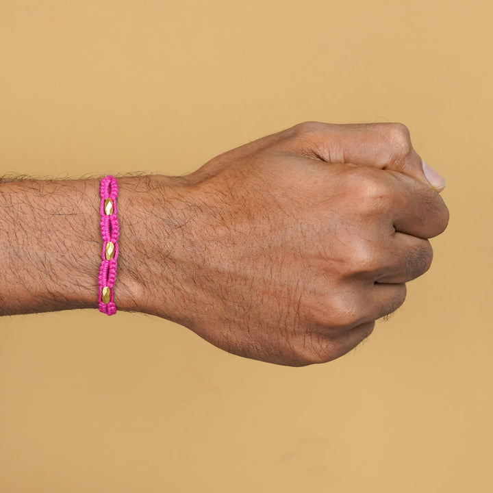 Handmade Macrame Three Gold Beaded Rakhi With Roli Chawal - Worn on Wrist (17)