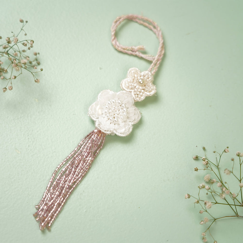Handmade Dual Flower Pearl Design Cutdana Bhaiya Bhabhi Rakhi With Roli Chawal - Full Product View
