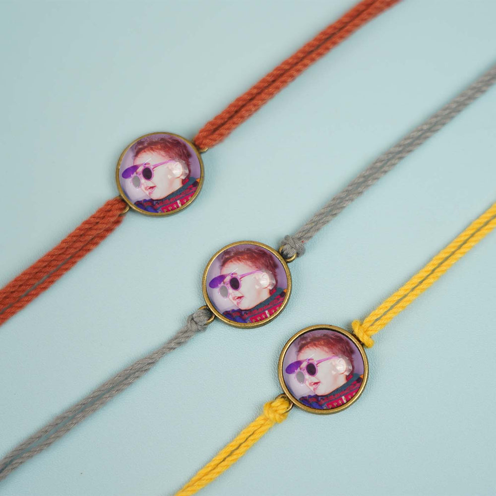 Photo Personalized Handmade Circle Antique Bronze Rakhi With Roli Chawal - Three Bracelets Display with Variants