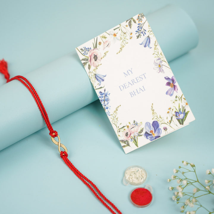 Handmade Minimalist Infinity Rakhi With Roli Chawal - Styled with Card and Accessories