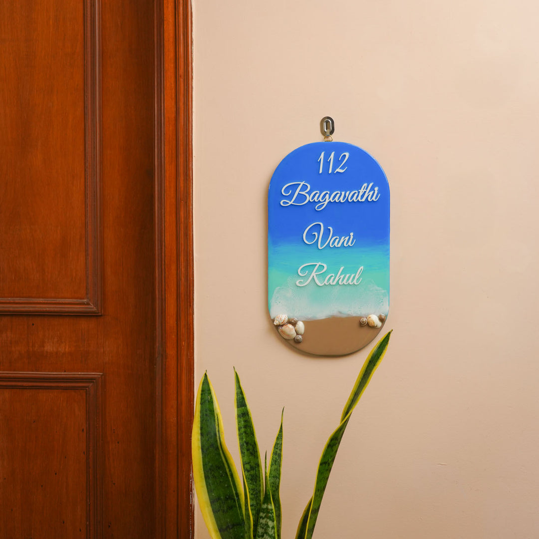 Personalized Beach Theme Resin Vertical Name Plate For Family - Mounted on Entryway Wall