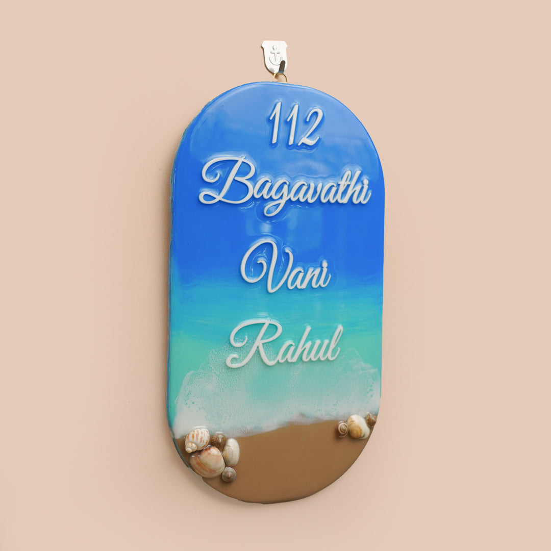 Personalized Beach Theme Resin Vertical Name Plate For Family - Hanging from Wall Hook Angle