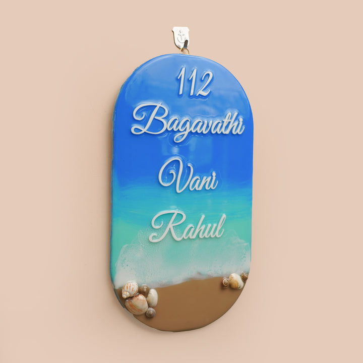 Personalized Beach Theme Resin Vertical Name Plate For Family - Hanging from Wall Hook Angle