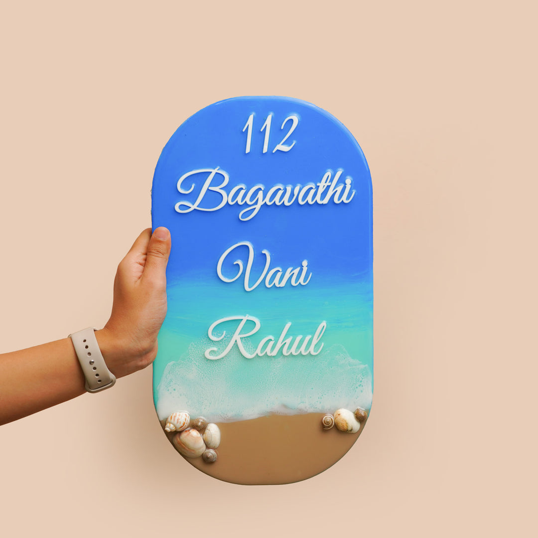 Personalized Beach Theme Resin Vertical Name Plate For Family - Handheld Front View with Names