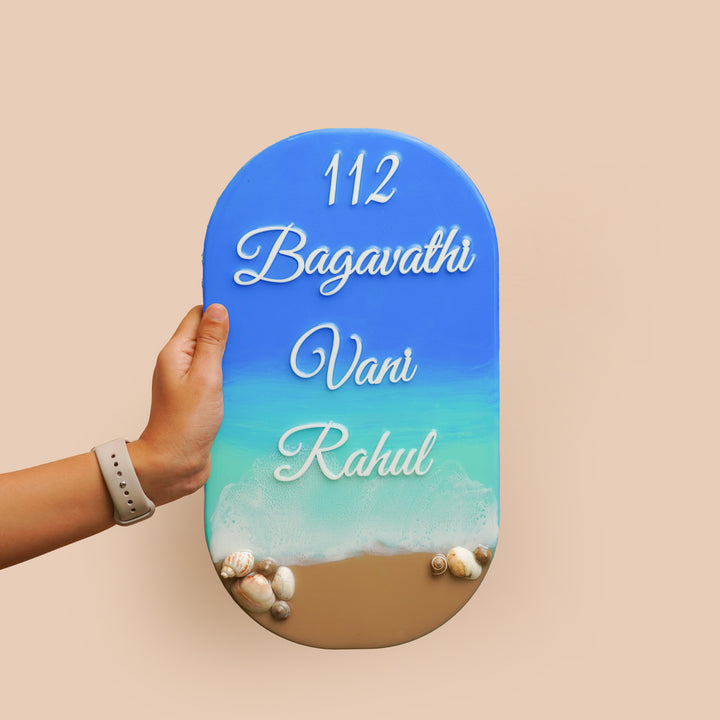 Personalized Beach Theme Resin Vertical Name Plate For Family - Handheld Front View with Names