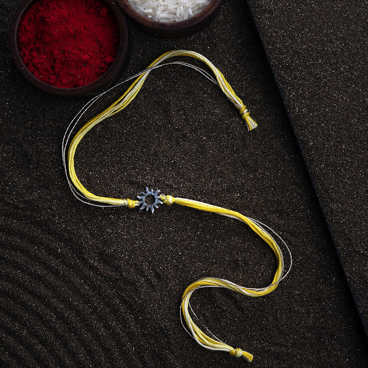 Handmade Arkay 925 Silver Rakhi With Roli Chawal For Brother - Full view with background elements