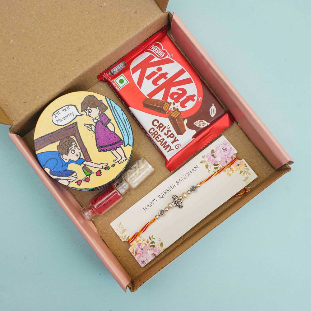 Hand Painted Caricature Mdf Wood Rakhi Hamper With Chocolates And Roli Chawal For Brother Set Of 8 - Gift Box with Contents Inside