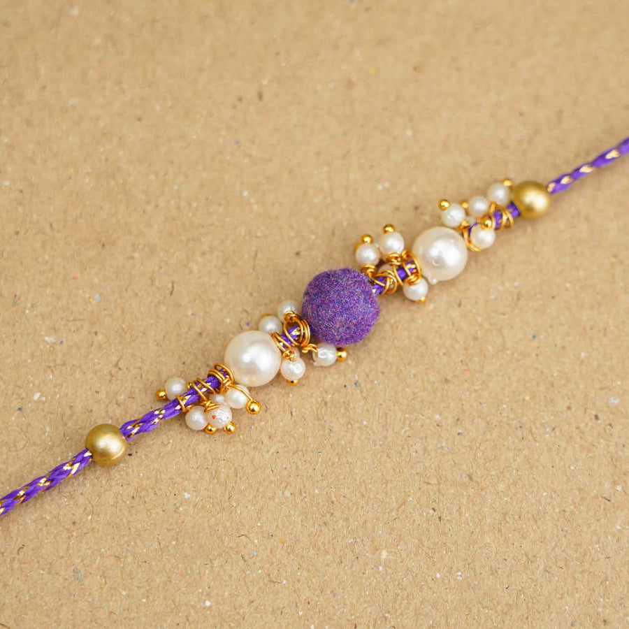Handmade Beaded Velvet Rakhi With Roli Chawal - Close-up of bracelet detailing