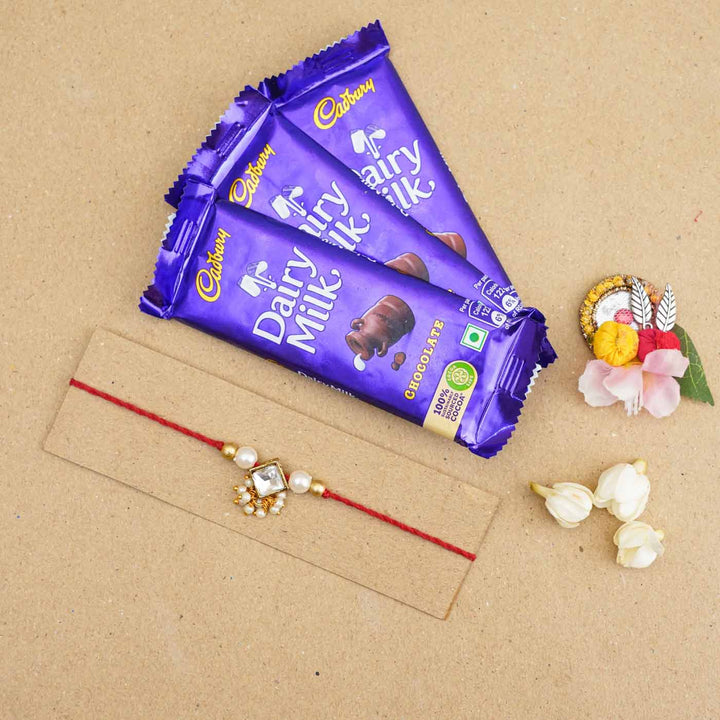 Handmade Kundan Diamond Shape Rakhi With Roli Chawal - Accessory with chocolates gift arrangement