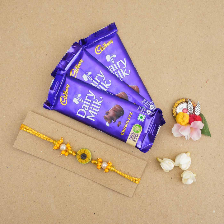 Handmade Miniature Clay Sunflower Rakhi With Roli Chawal - Bracelet with Chocolates