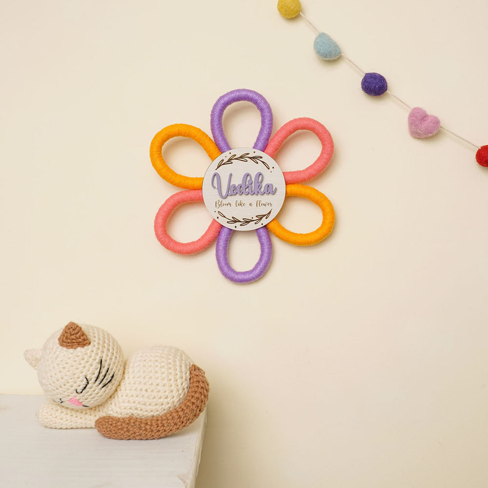 Personalized Handmade Macrame Flower Bloom Kids Name Plate With 3D Letters - Front View with Wall Decoration