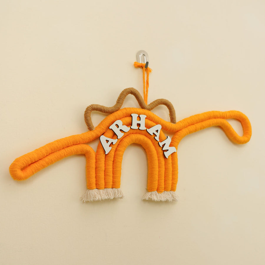 Personalized Handmade Macrame Dinosaur Kids Name Plate With 3D Letters - Hanging Front View with Name Personalization