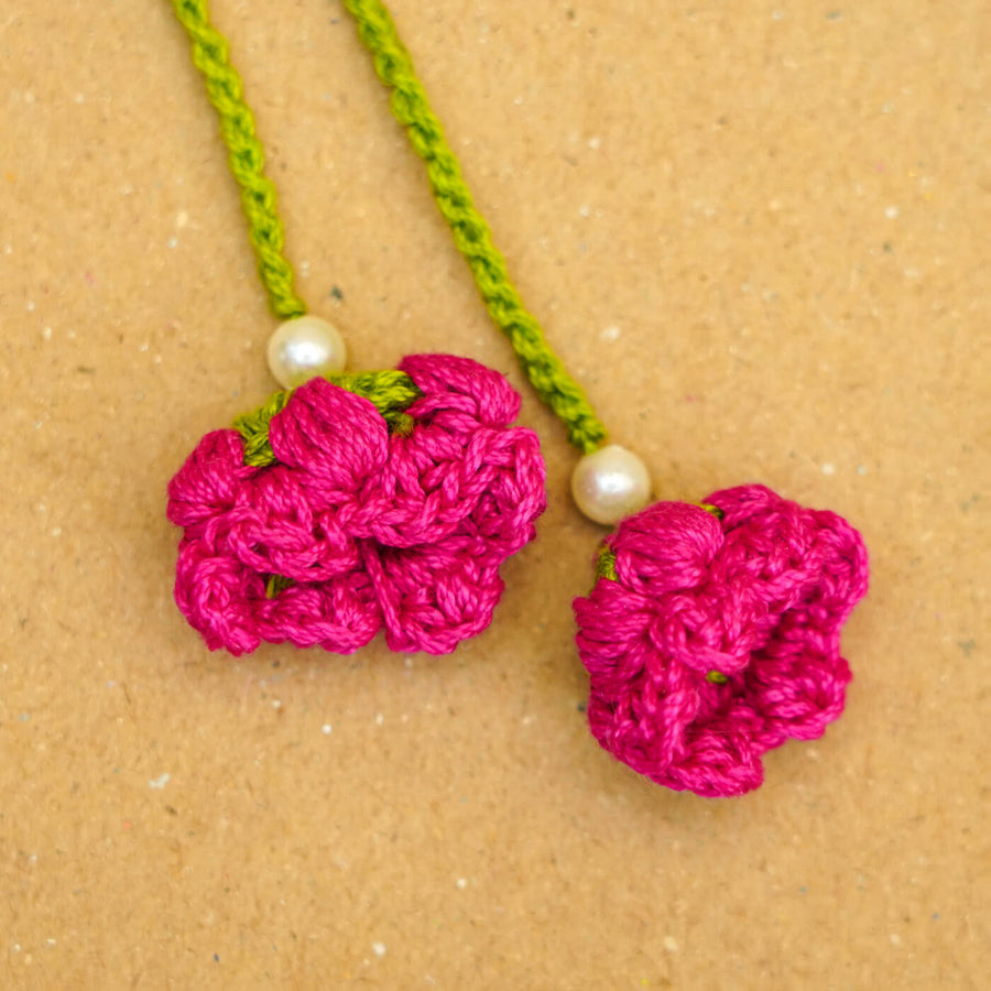 Handmade Crochet Floral Cotton Lumba Rakhi For Bhabhi With Roli Chawal - Front Close-up