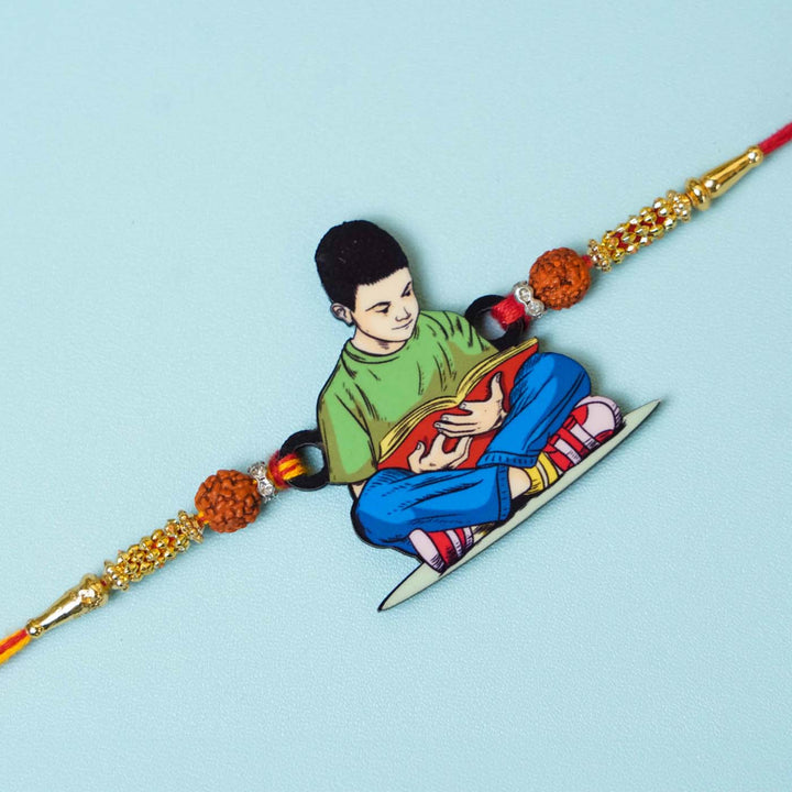 Handmade Printed Padhaku Bhai Wooden Rudraksha Rakhi With Roli Chawal - Close-up of Rakhi centerpiece